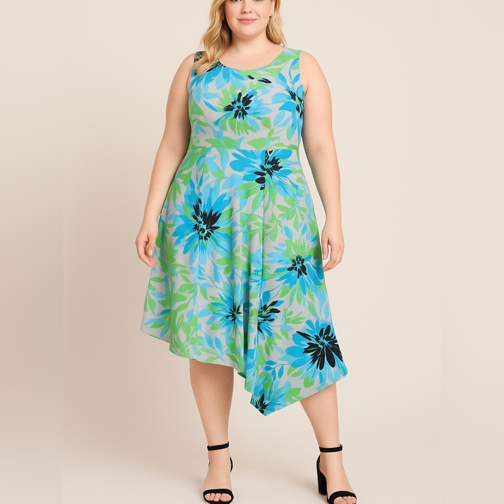 London Times floral print asymmetrical hem‎ sleeveless dress women's plus  14W